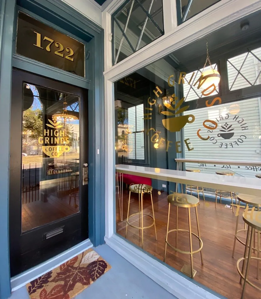 Marble coffee bar and cafe seating at High Grinds